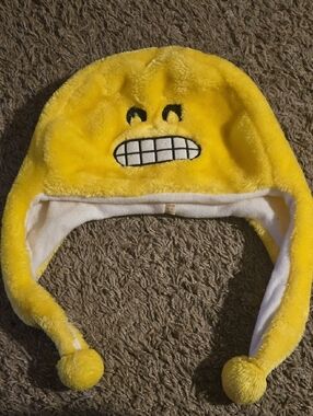 Yellow Fuzzy Emoji Earflap Hat